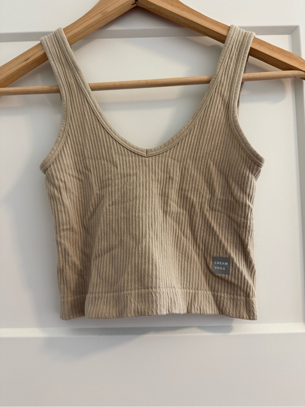 Cream Yoga Ribbed V-Neck Crop Tank - Cream